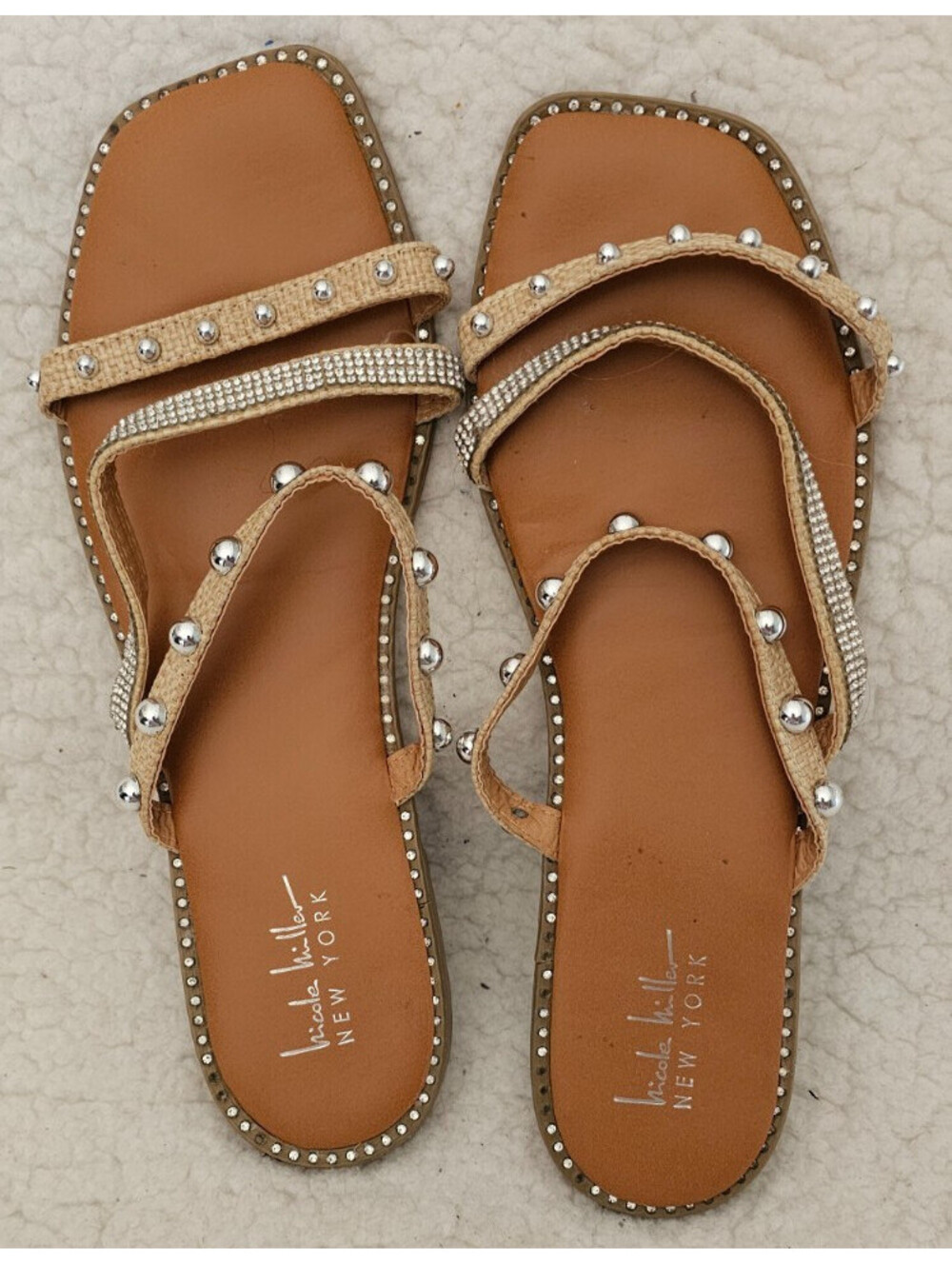 Women's Nicole Miller New York Slider Sandals Shoes Silver Studs Size 10 Wonka